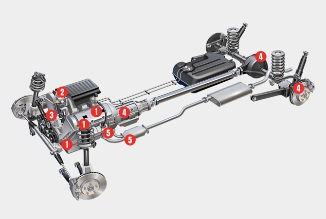 Numbered diagram of underbody of vehicle, with numbers directing to different parts